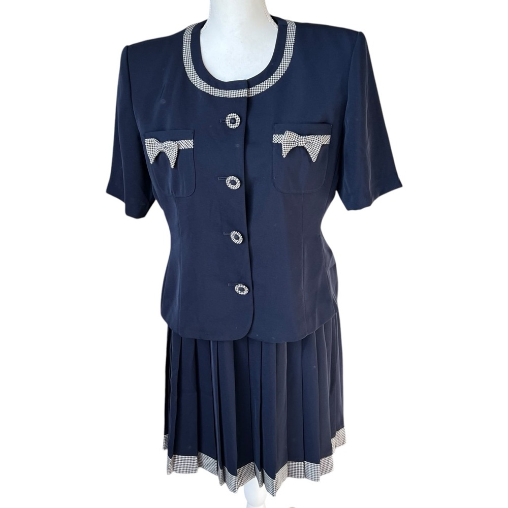 VTG 80s 90s navy blue white pleated skirt suit set short sleeve jacket medium
